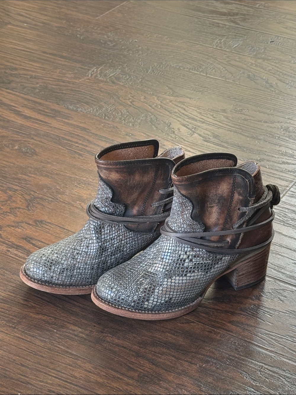 Freebird by Steven Metallic Gray and Distressed Brown Snake-Texture Ankle Boots - Picture 3 of 15